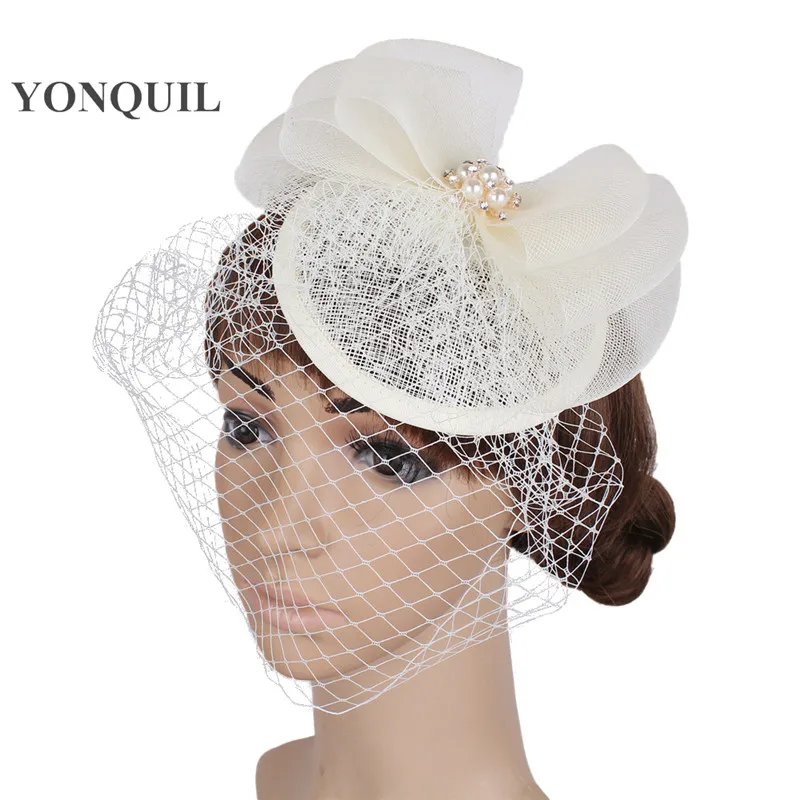 Elegant Women Sinamay Fascinator Wedding Veils Hats Ivory Vintage Wedding Occasion Event Millinery Hats Bride Wedding Headwear