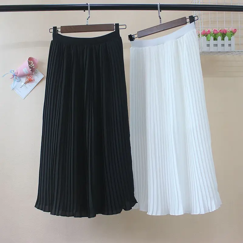 

Summer Women Elasticity pleated Long Skirt Ladies Korean Vintage Elegant Sexy High Waist Chiffon A-Line Black White Midi Skirt