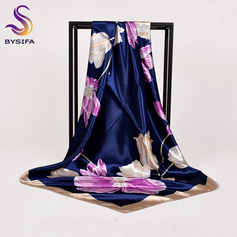 [BYSIFA] Coffee Women Silk Scarf Shawl Winter Elegant Brand Floral Large Square Scarves Wraps Fashion Muslim Head Scarf Blue,Red