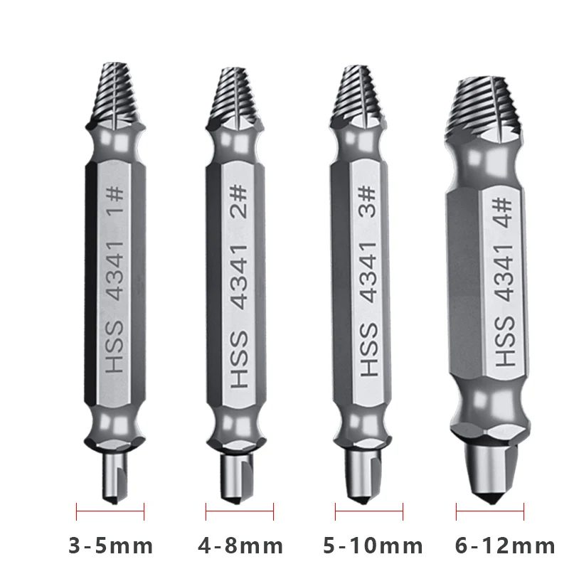 4pcs Damaged Screw Extractor Drill Bits Double Side Damage Easy Out Stud Reverse Screw Extractor Tool Kit