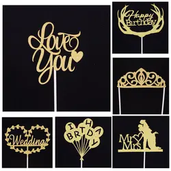 1pcs Gold Silver Cake Topper Happy Birthday Flags For Family Birthday Party Wedding Anniversary Cake Baking Decoration Supplies