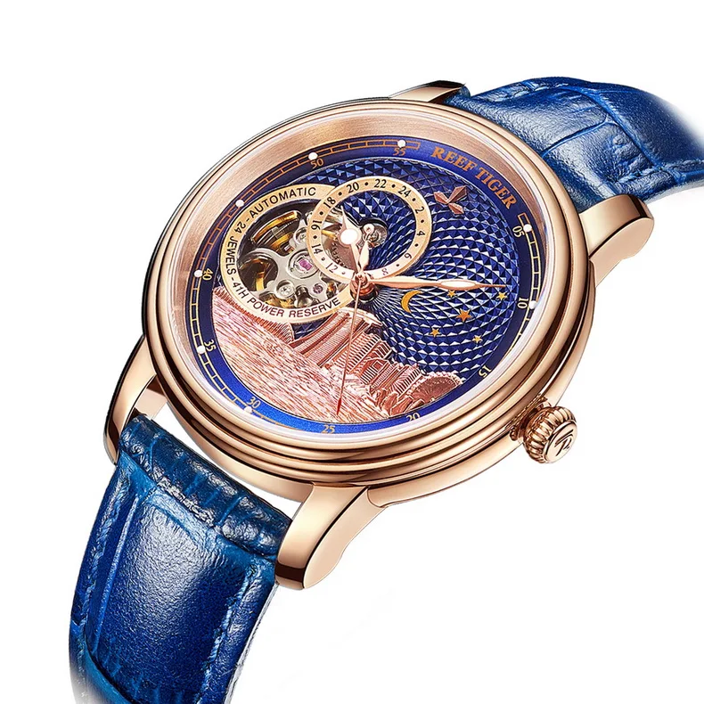 

Мужские автоматические часы Reef Tiger, 37 мм, роскошные механические наручные часы с сапфировым зеркалом, 24 часа, скелетон, городской циферблат