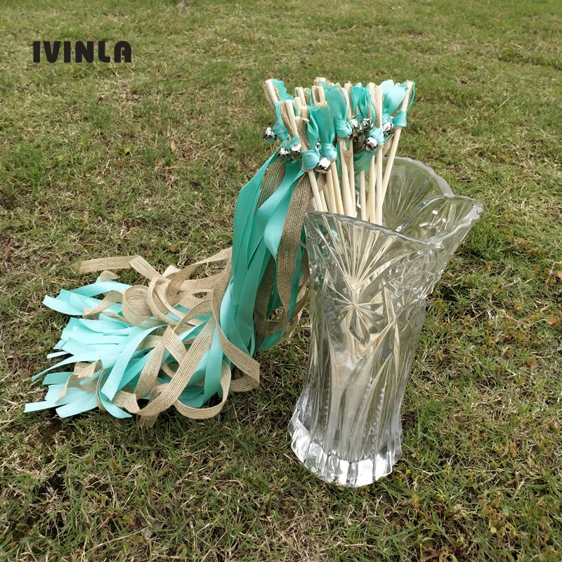 50pcs/lot  green jute Wedding Ribbon Wands with bell for wedding decoration