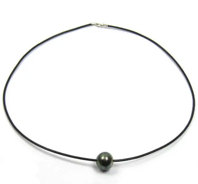 

12mm natural tahitian black pearl necklace 18inch leather chain