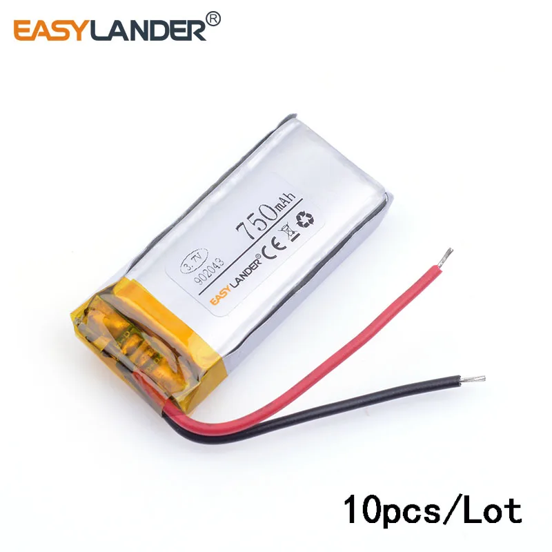 

10pcs/Lot 3.7V 902043 750mAh Rechargeable Lithium Li-ion Polymer Battery For MP3 MP4 MP5 GPS wireless earphone