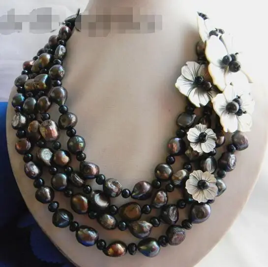 4Strands 18\'\' 13mm White Round Baroque Freshwater Pearl Shell Flower Necklac