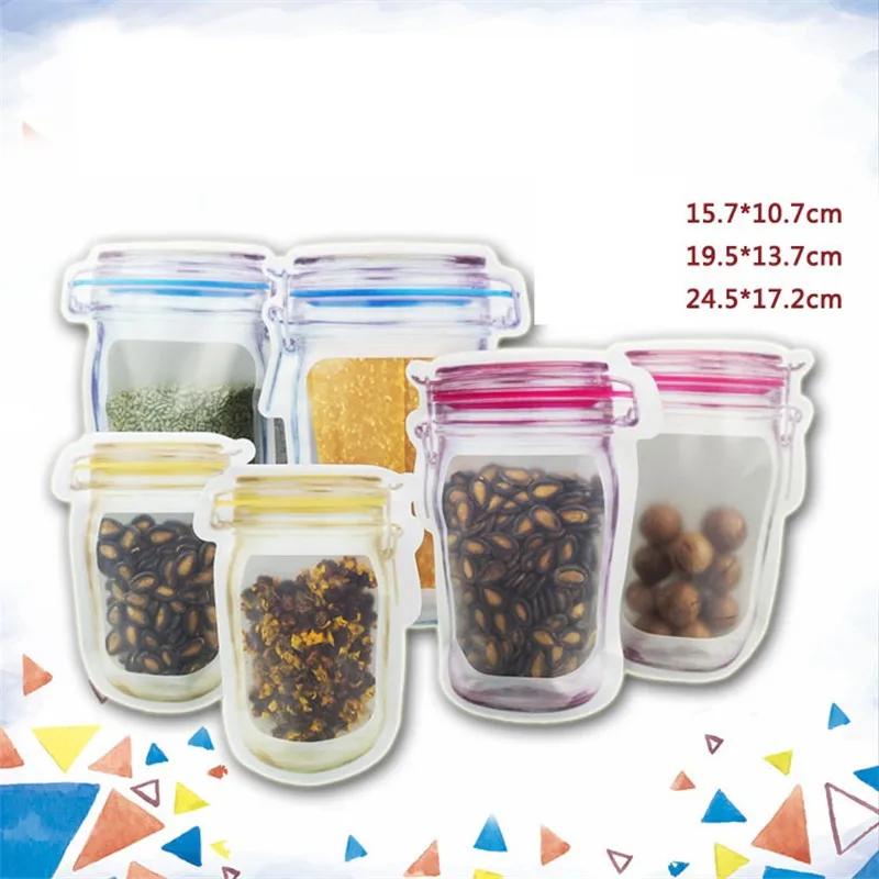 

400pcs/lot Wholesale Mason Jar Shaped Food Container Plastic Bag Clear Mason Bottle Modeling Zippers Storage Snacks Plastic Box