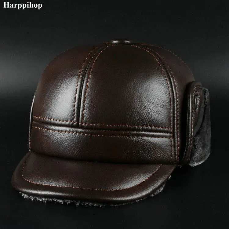 The new winter hat leather hat man pure leather Claus hat warm hat cap ear middle ear cap