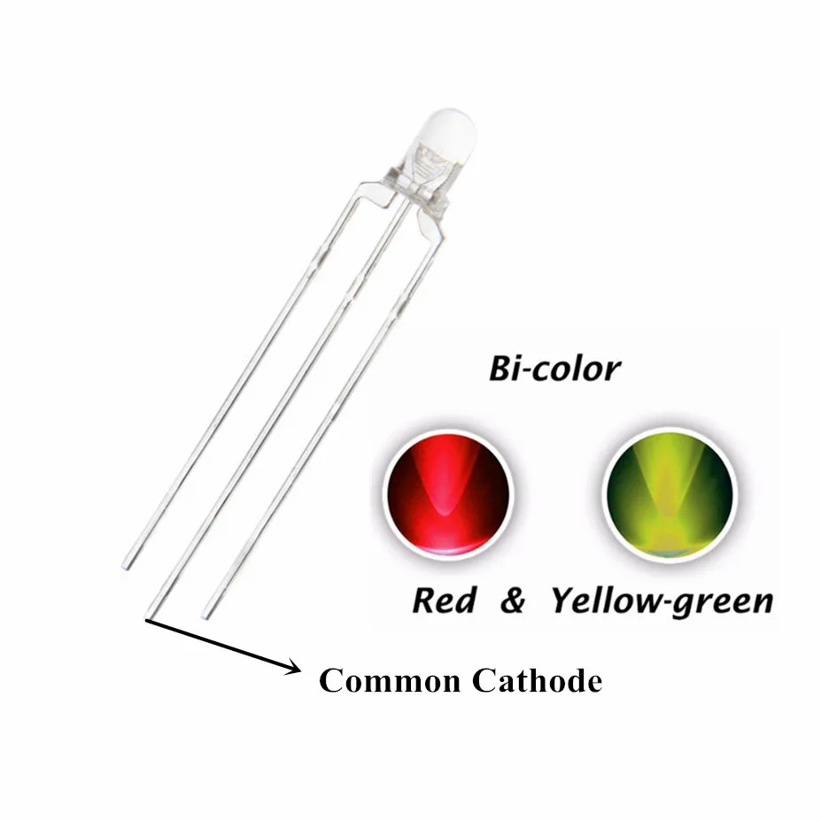 100PCS, 3MM Red + Yellow Green, BICOLOR LED, Common Cathode, WATER CLEAR,  F3-R+YG-WCC