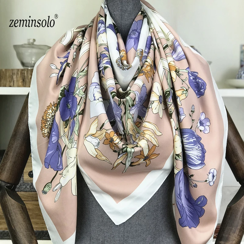 2020 Luxury Brand 100% Silk Scarf Multicolor Square Scarves Paris Design Print Kerchief Women Neck Shawl Wrap Echarpe 130*130cm