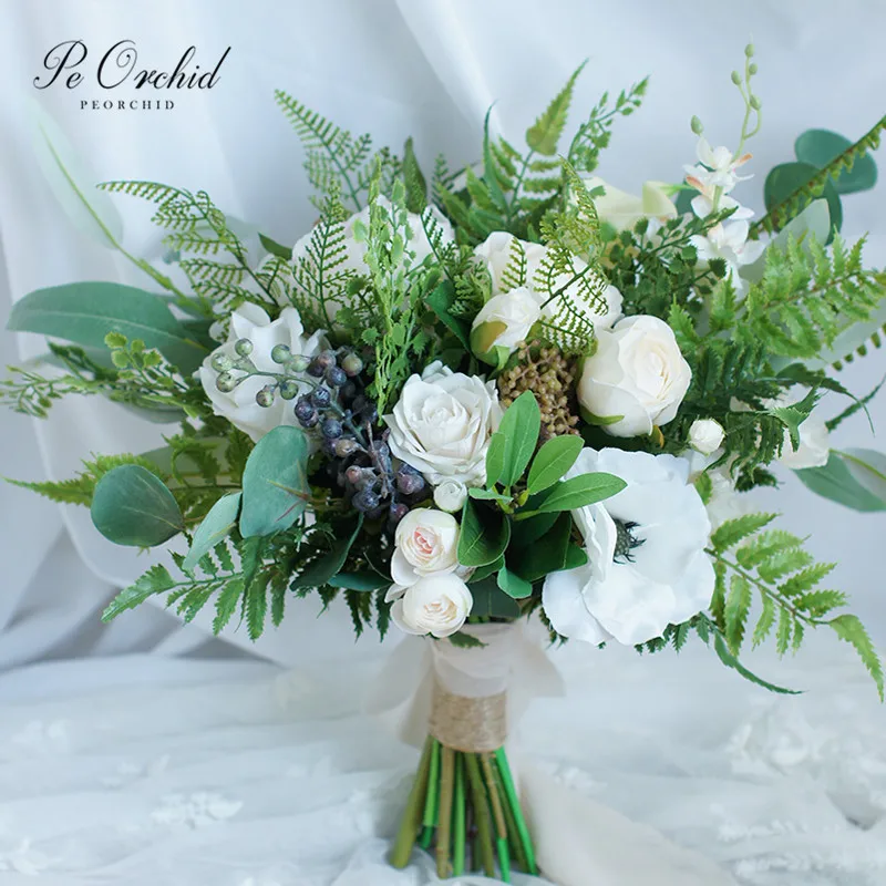 

PEORCHID Greenery White Wedding Bouquets 2019 Trending Spring & Summer Rose Floral Artificial Brides Flowers Bridal Bouquet