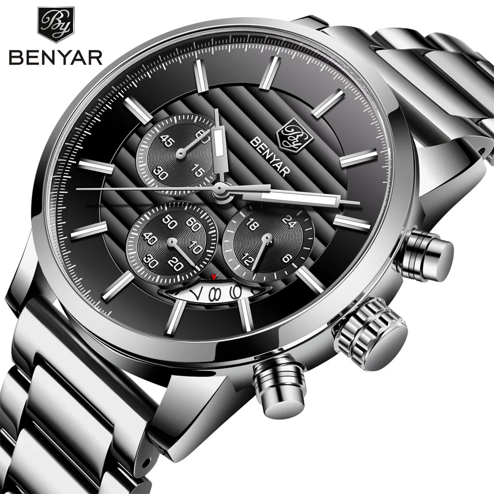 Men\'s Sports Chronograph Quartz Watch Leather& Stainless Steel Strap Waterproof Business Watches Clock Male Relogio Masculino