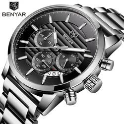 Men's Sports Chronograph Quartz Watch Leather& Stainless Steel Strap Waterproof Business Watches Clock Male Relogio Masculino