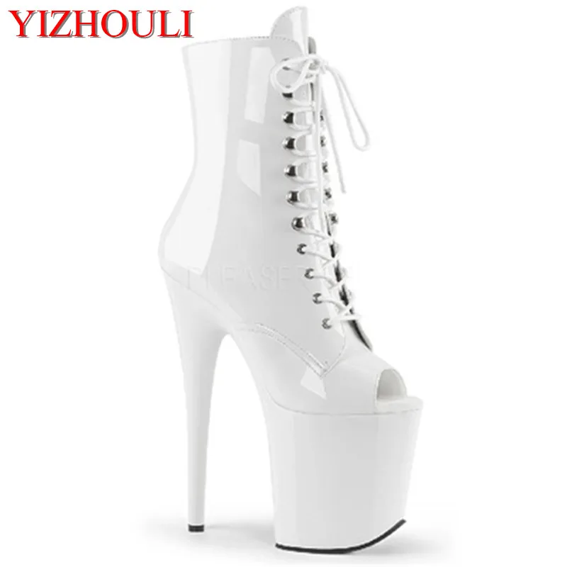 20cm PU vamp heels, 8in peep-toe thick boots with thin straps, low tube dancing shoes for women