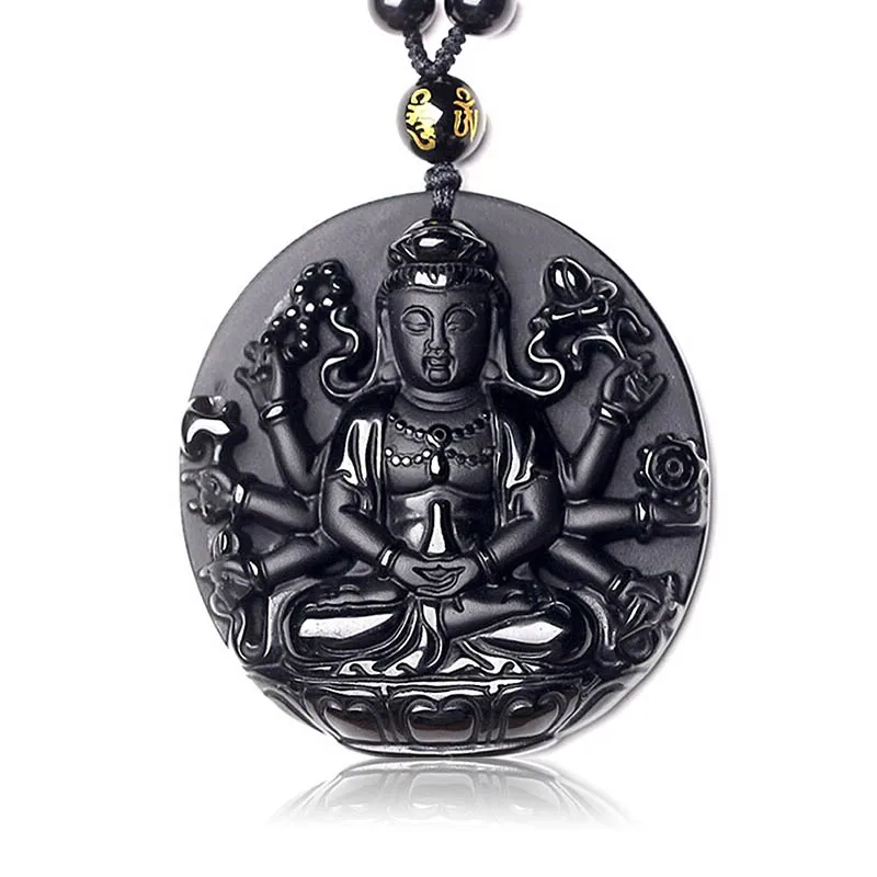 Natural Stone Pendants Black Obsidian Carved Round Thousand Hands Guanyin Buddha Amulet Lucky Lovers' Pendant Necklace Jewelry