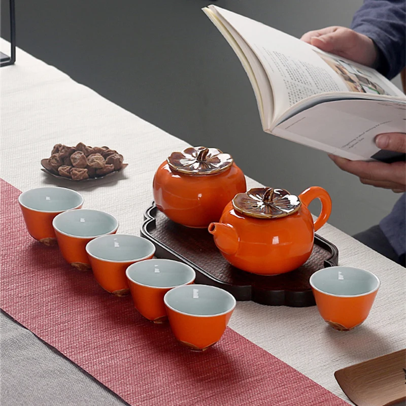 creative porcelain tea set Chinese kungfu tea sets persimmon shape lucky tea pot caddies tea cups home decoration tea brewer new