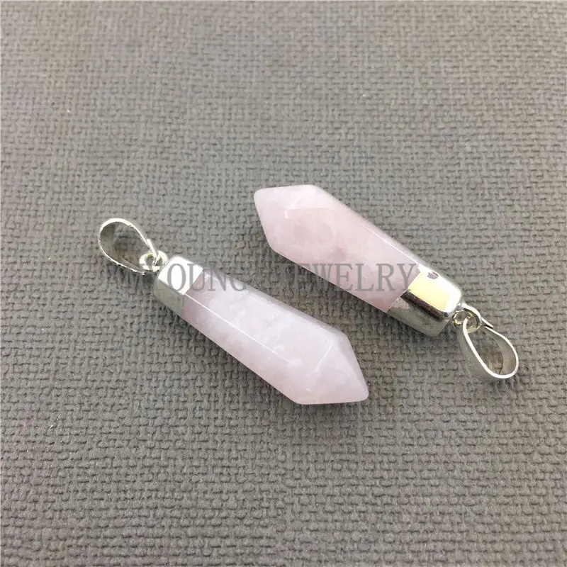 MY0240 Pink Crystal Quartz Petite Spike Pendant Charm With Silver Plated layered Cap