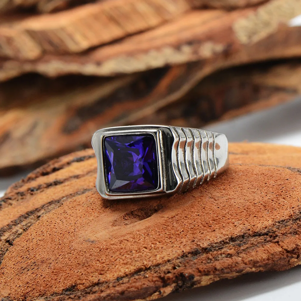 Men\'s 316L Stainless Steel Square Black  Stone Gem Silver color Ring