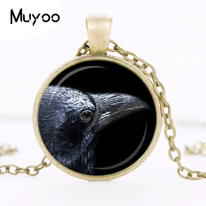 RAVEN PENDANT Black Raven Necklace Goth Jewelry Bird Necklace Steampunk Gift Black Gray Round Blue Crow Necklace Wizard HZ1