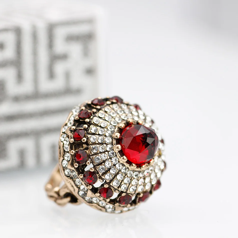 Exquisite Turkish Natural Stone Vintage Rings For Women Antique Gold Color Full Crystal Big Wedding Rings Jewelry 2018 New Style