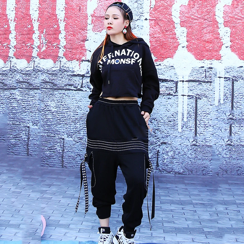 Hip Hop Dancing Clothes Jazz Costume Black Loose Hooded Sweatshirt Cargo Pants Women Street Dance Wear Dj Ds Rave Outfit DT1042