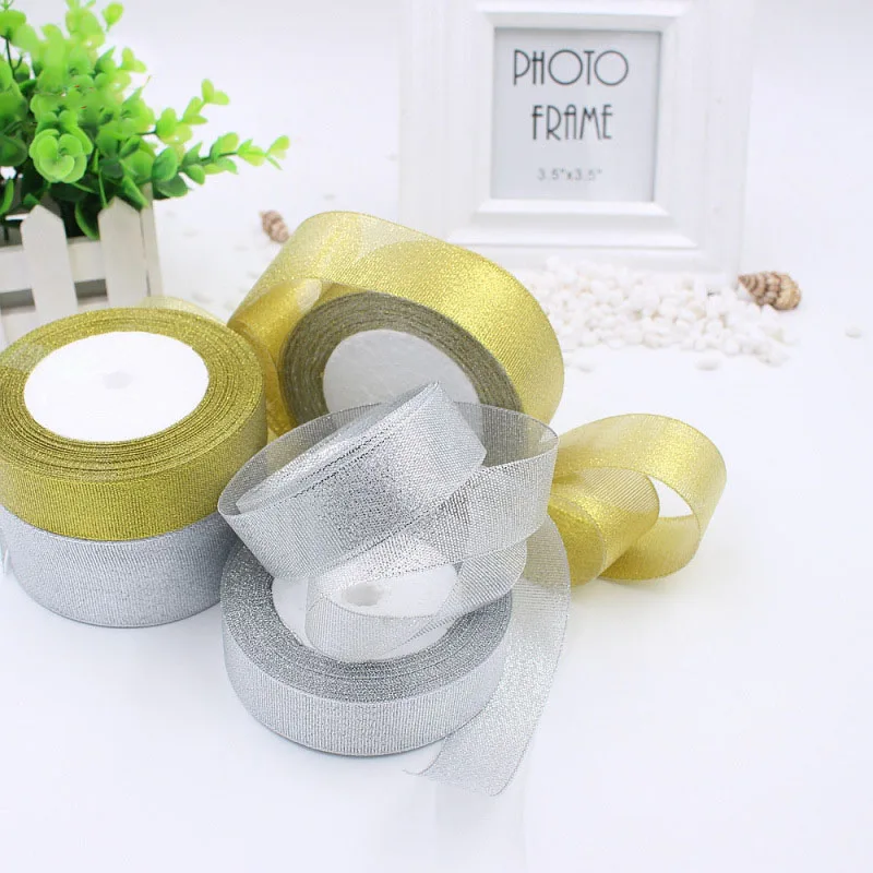 Gold/Silver Silk Organza Ribbon 25mm Glitter Embroidered Brocade Ribbons for Wedding Cake Gift Decoration Craft Supplies