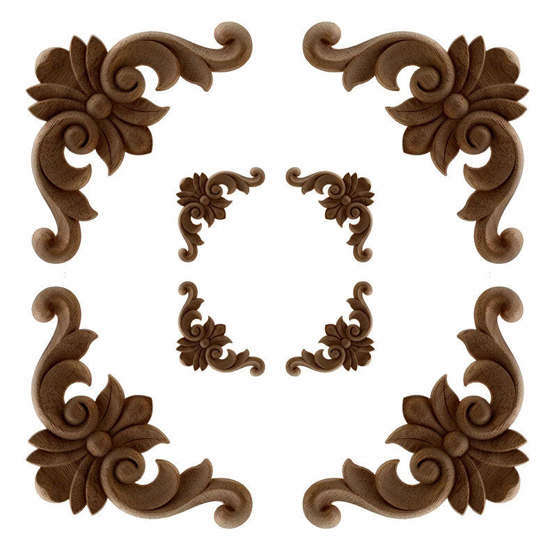 4 Pcs VZLX Vintage Unpainted Wood Carved Corner Onlay Applique Frame for Home Furniture Wall Cabinet Door Decor Crafts