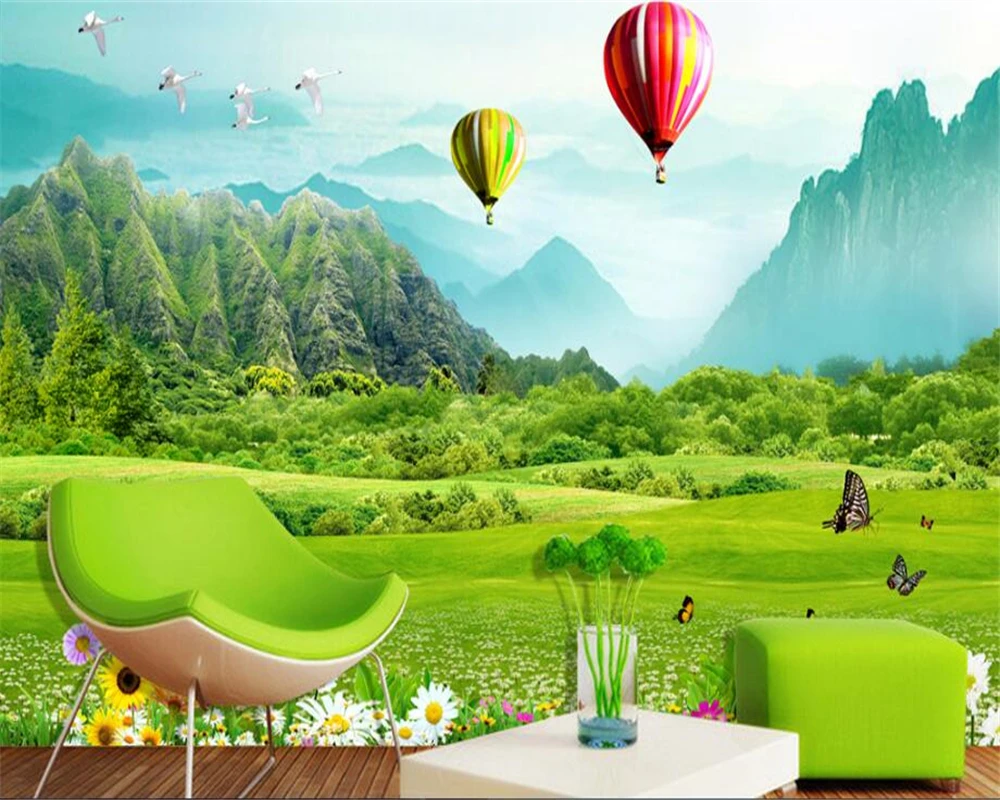 

beibehang papel de parede Seductive wallpaper fresh grass mountain hot air balloon 3D TV backdrop wall wallpaper for walls 3 d