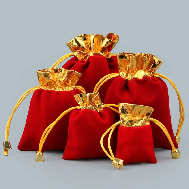 20Pcs/lot Red Gold Trim Velvet Drawstring Pouch Bag/Jewelry Bag Christmas/Wedding Gift Bag 7x9cm,8x10cm,10x12cm,12x15cm