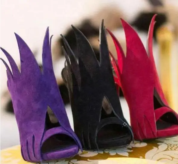 Lato gorące płomienie kształt zamszowe kobiety Peep Toe sandały Slip On damskie Slingback slajdy wycinanka styl kobieta Sexy Party buty