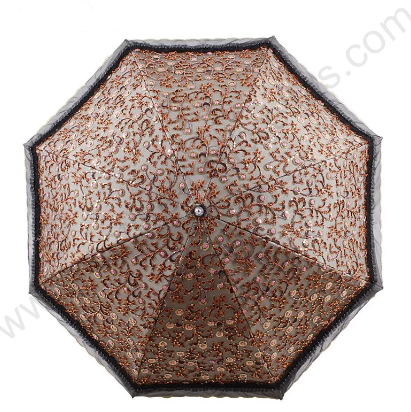 

Two fold drag spring rose embroidery umbrellas 5 times black coating UPF>50+ anti uv yarn ladies' princess flower lacing parasol