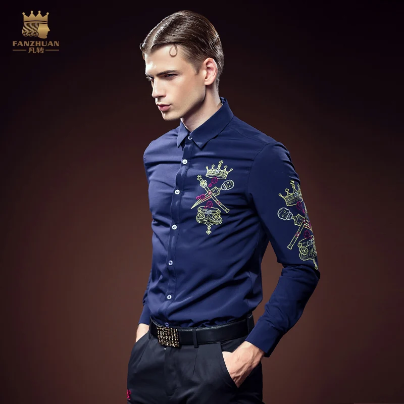 Free Shipping fashion casual male long sleeved men\'s 2016 man embroidered velvet court personality slim thickened shirt 612107