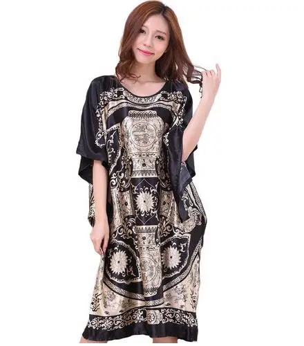 Novelty Print Black Female Satin Robe Dress Nightgown Novelty Women\'s Kaftan Bath Gown Summer Lounge Homewear Plus Size 6XL