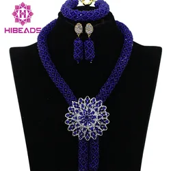 Royal Blue Crystal Nigerian Wedding Party Beads Statement Necklaces African Jewelry Sets Lace Jewellery Free Shipping ABK749