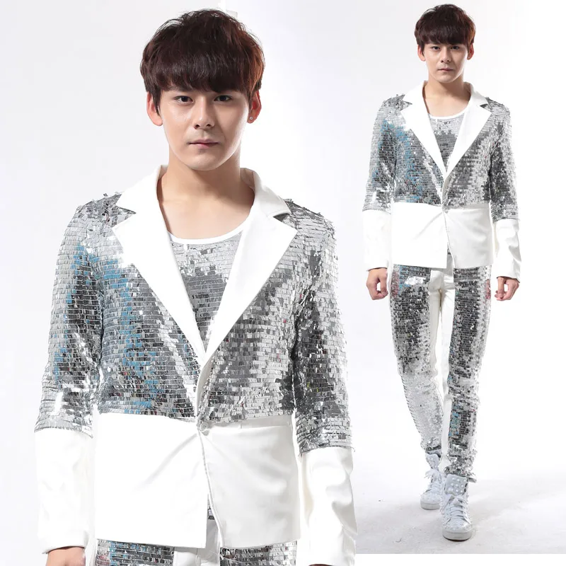 (Jacket+Pants) Men Suit Silver Sequins Blazers Trousers 2 Piece Stage Costume Nightclub Punk Male Singer Rock Bar Dance Outfit