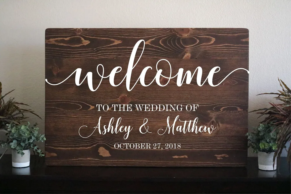 Custom Wood Welcome Wedding Sign Decal Sticker Personalized Names Date Decals Rustic Wedding Decoration Sticker Board MirrorG214