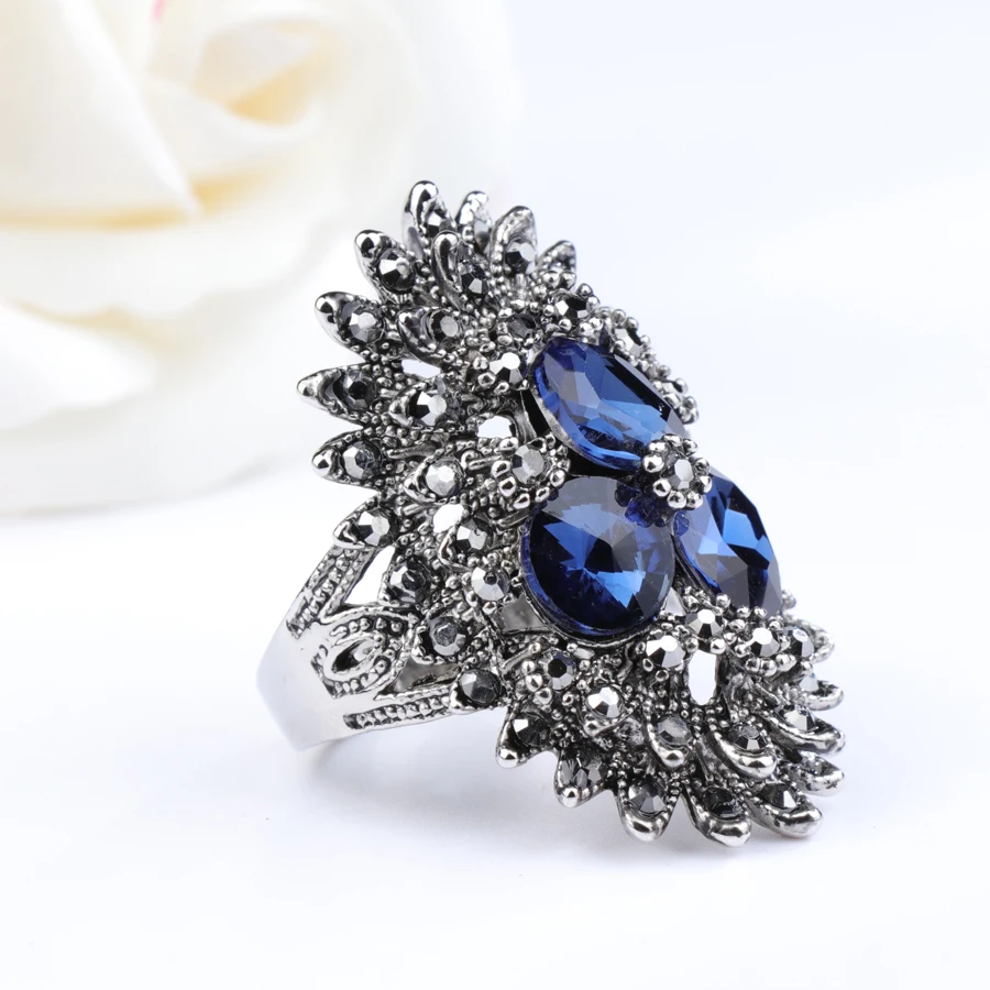 2 Colors Fashion Black Crystal Leaves Ring Silver Color Big Punk Rings For Women Bulgaria Jewelry