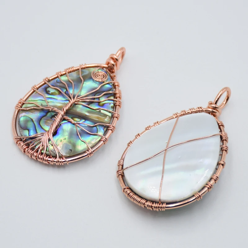 1pc Natural Handmade Copper Wire Winding Tree of Life Abalone Paua Shell Water Drop Pendant for Necklace Fashion Charm Jewelry