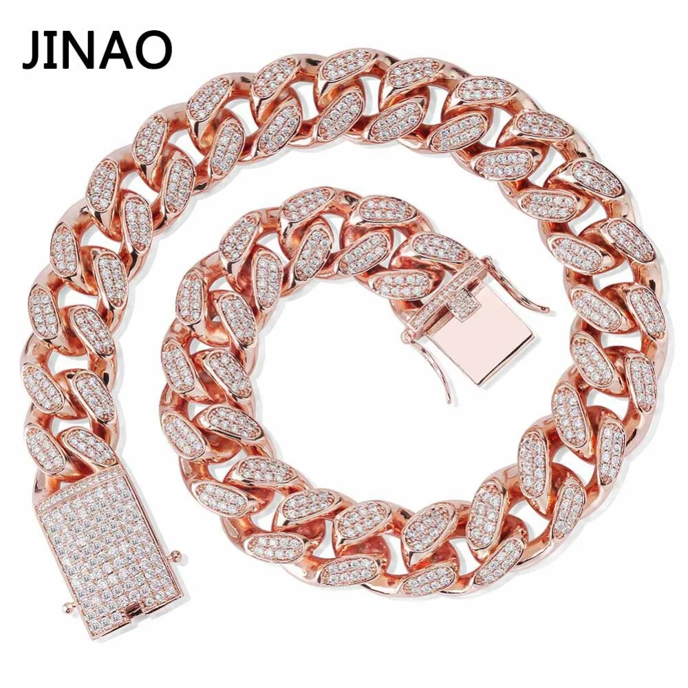 JINAO Men 20mm Heavy Iced Out Chain Zircon Miami Cuban Link Necklace Choker Bling Hip Hop Jewelry  Rosegold 16''-30''