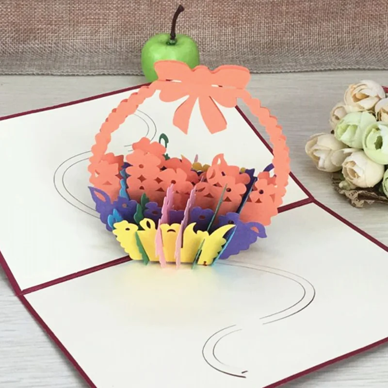 1pcs Flower Basket Pop Up DIY 3D Greeting Card With Envelope Post Card Handmade Christmas Thanksgiving Birthday Souvenirs Gifts