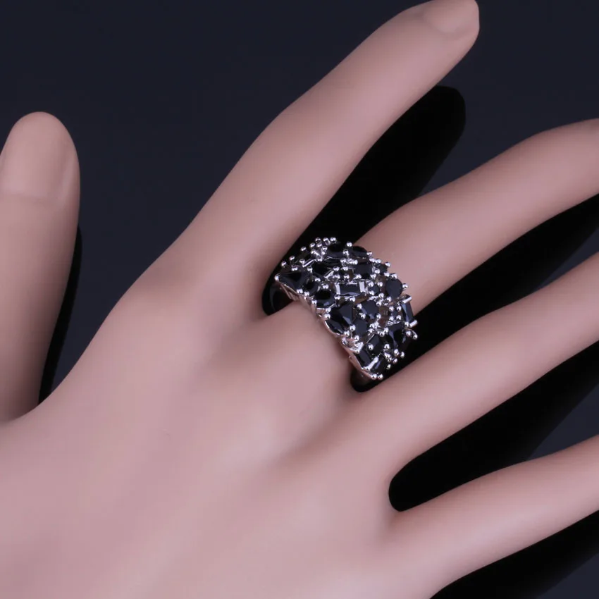 Sparkly Black Cubic Zirconia Silver Plated Ring V0582