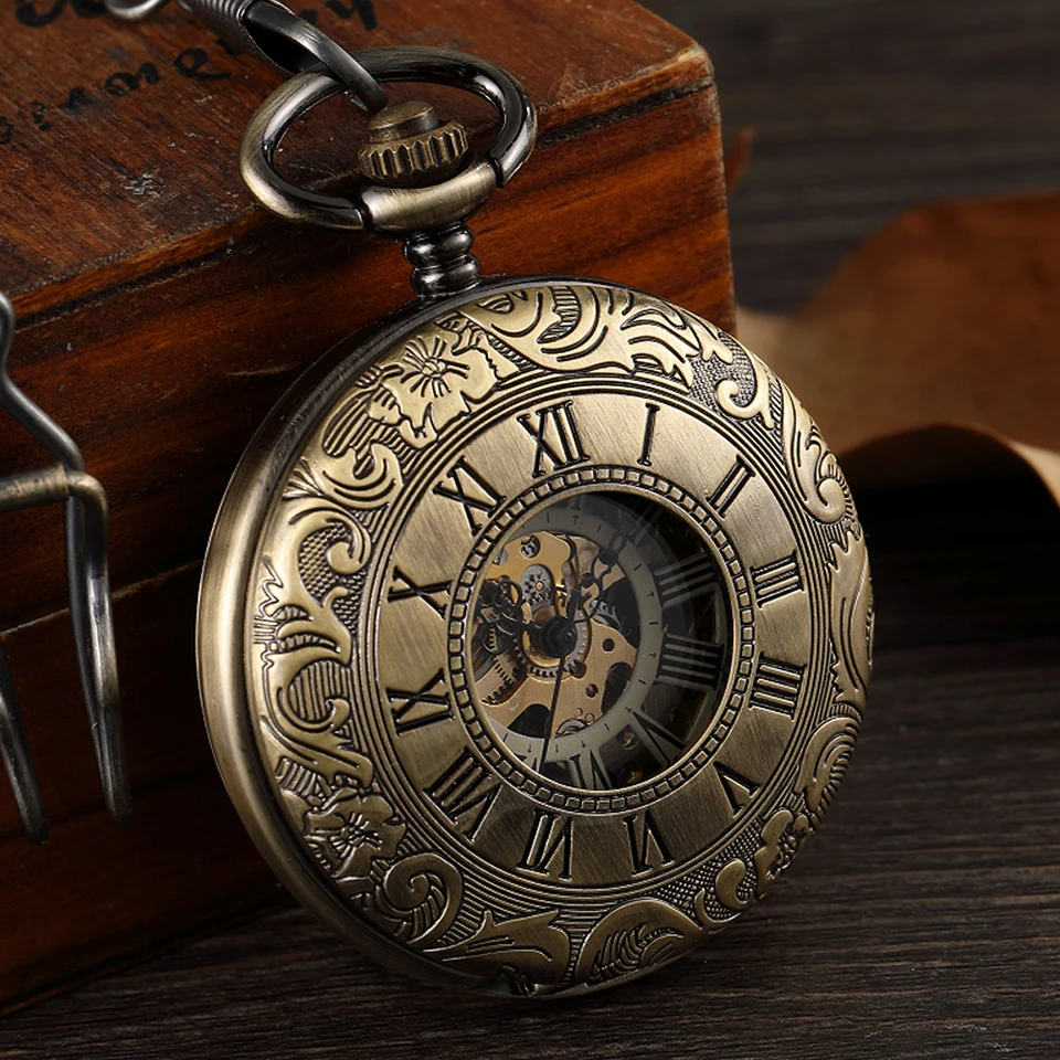 Dupla Face Mecânica Pocket Watch Homens Oco Steampunk Esqueleto Mão Vento Vintage Pocket & Fob Relógio Masculino Relógio Cintura Cadeia