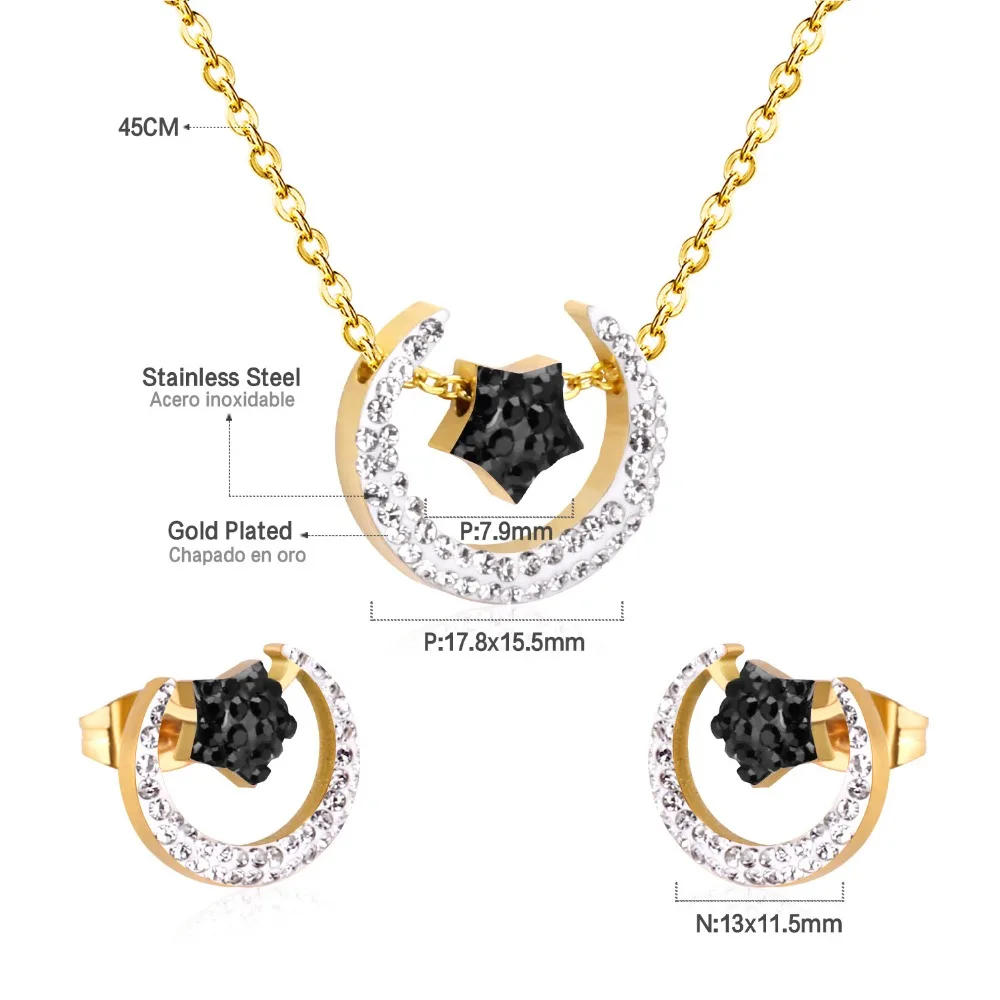 LUXUSTEEL Crystal Jewelry Sets Stainless Steel Golden Color Moon and Satr Pendant Necklace Stud Earring Jewelry Bijoux