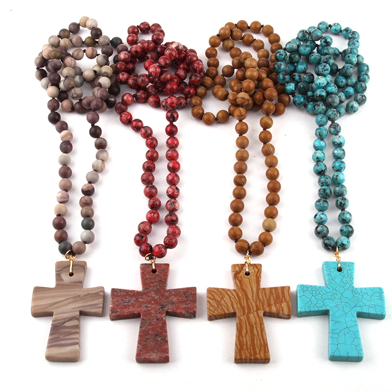 Fashion Semi Precious Stones Beads Statement Necklaces long Knotted Cross Ethnic Necklace