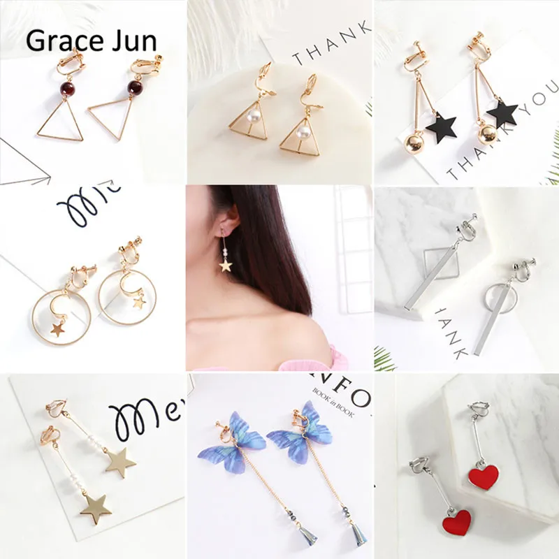 Grace Jun Top Quality Handmade Natrual Stone  Geometric Tassl Clip on Earrings Wihtout Piercing for Girl's Earrings Korea Style