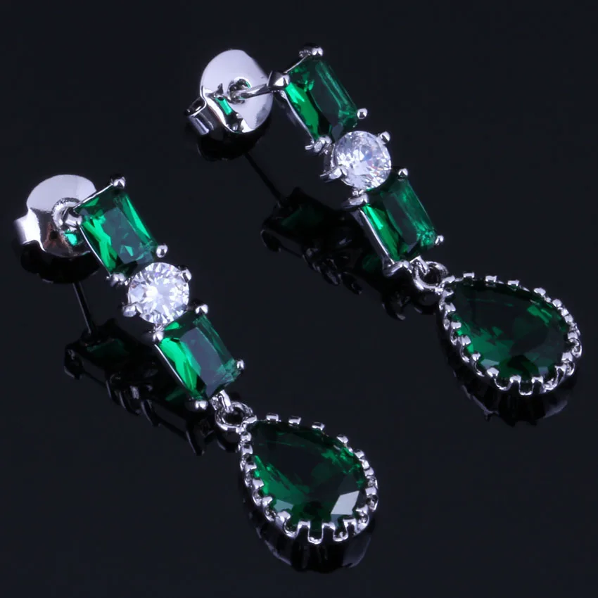 Prominent Water Drop Green Cubic Zirconia White CZ Silver Plated Drop Dangle Earrings V0733