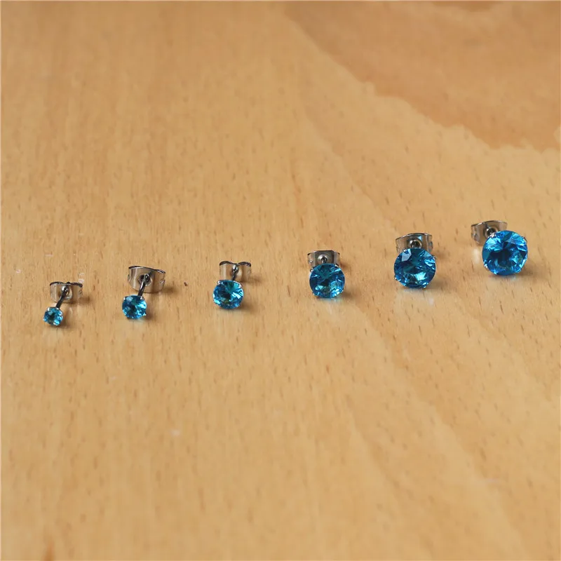 Stainless Steel Stud Earrings With Ocean Blue Zircons Classical Style From 3mm to 8mm No Fade Allergy Free Quality Jewelry