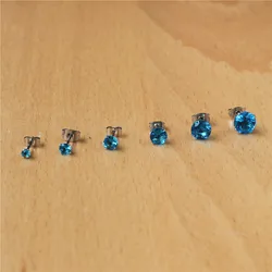 Stainless Steel Stud Earrings With Ocean Blue Zircons Classical Style From 3mm to 8mm No Fade Allergy Free Quality Jewelry