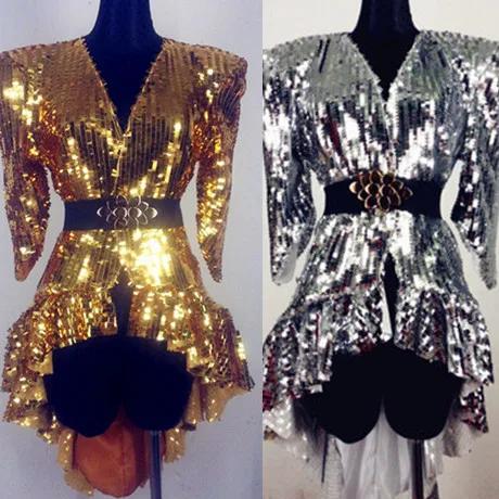 Female Tuxedo Costume Silver Golden Shoulder Pad Sequin Dress for Costume Stage Dance Singer Show