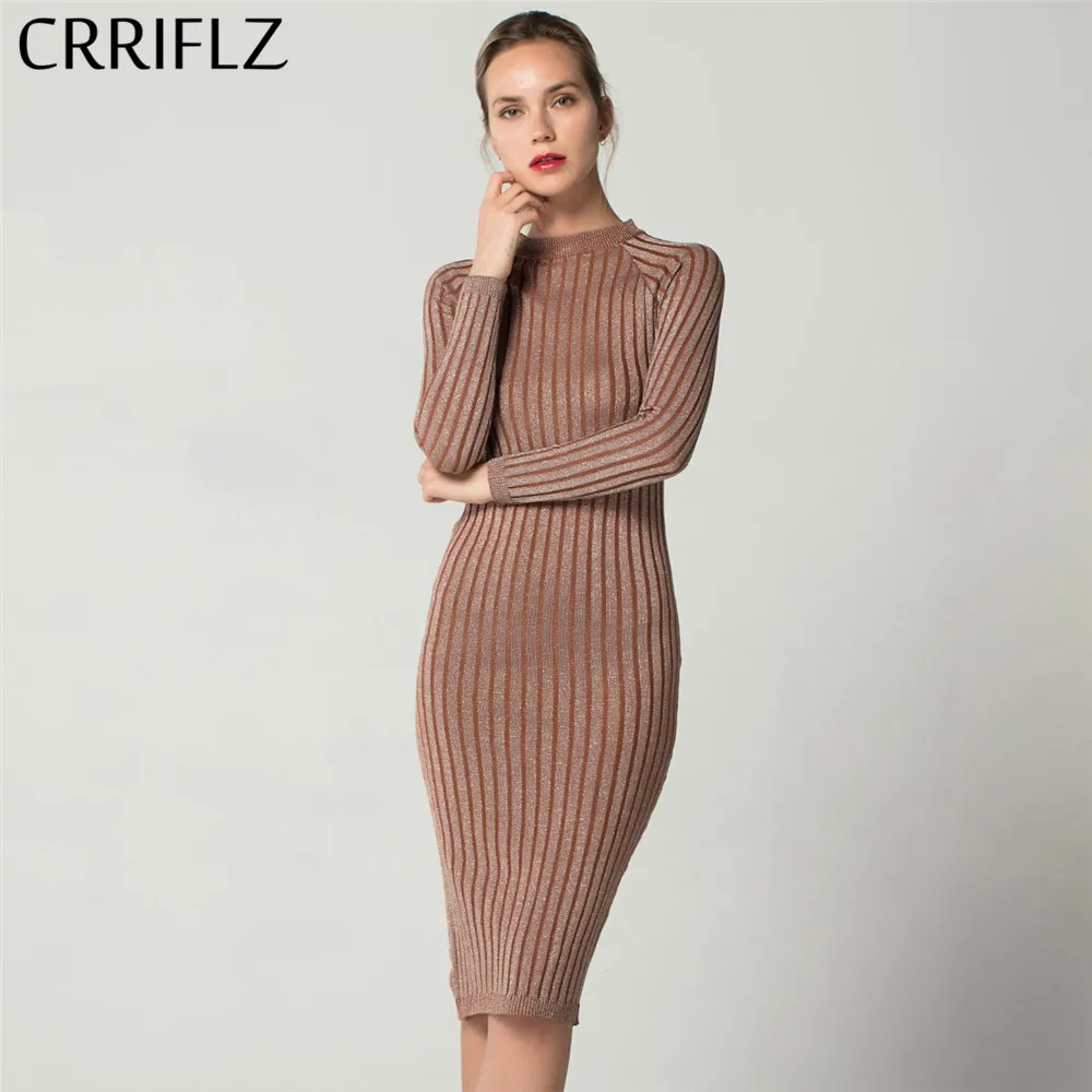 CRRIFLZ Slim Bright Silk Dress O Neck Knit Long Sleeve Dress For Women Bodycon Pencil Dress Office Lady Spring Autumn